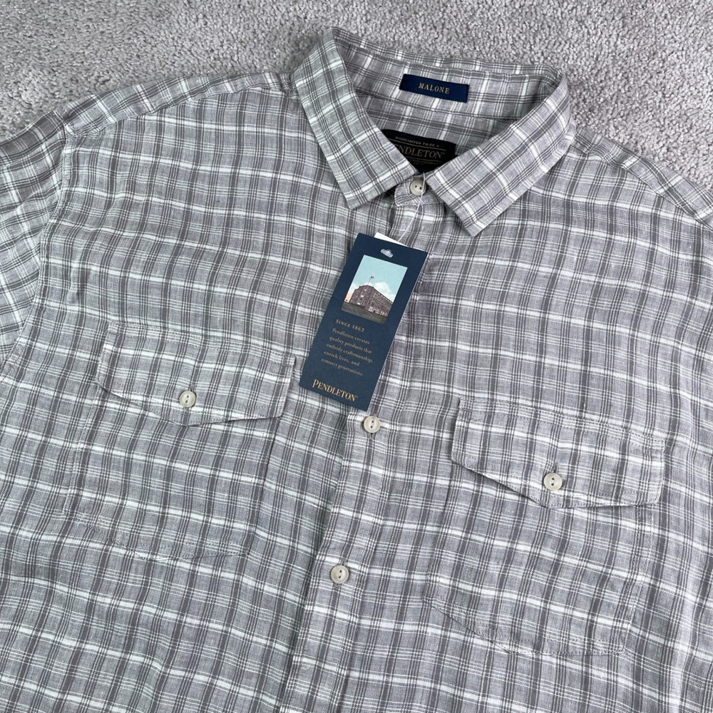 NEW Pendleton Shirt Mens Large Gray Malone Plaid Linen Short Sleeve Button Up